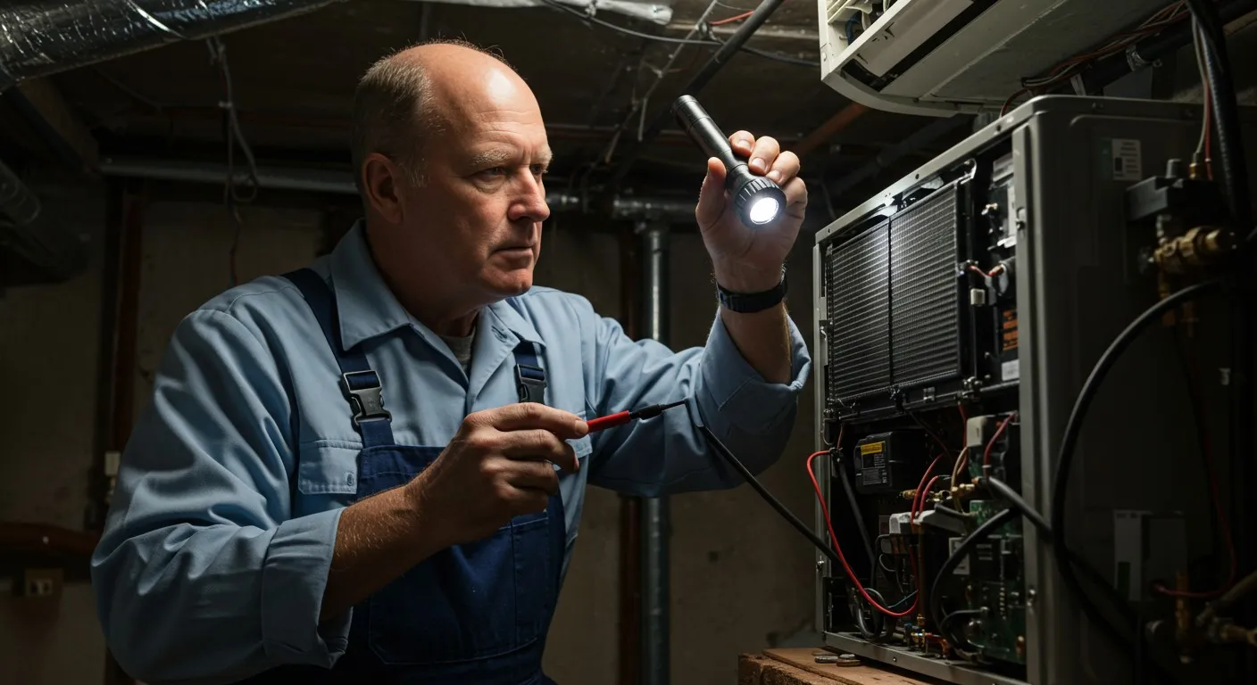 Technician performing emergency furnace repair at night.