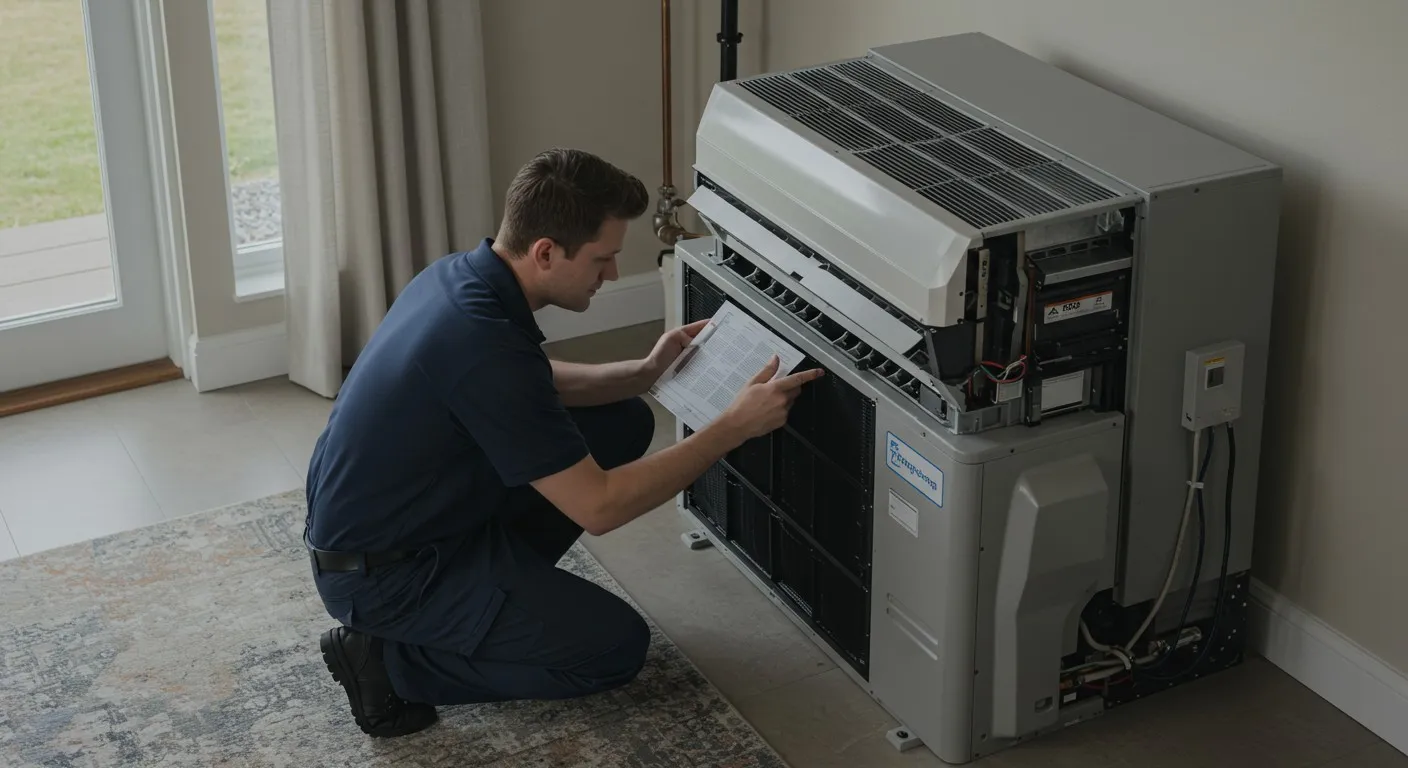 Technician checking manual near indoor unit.