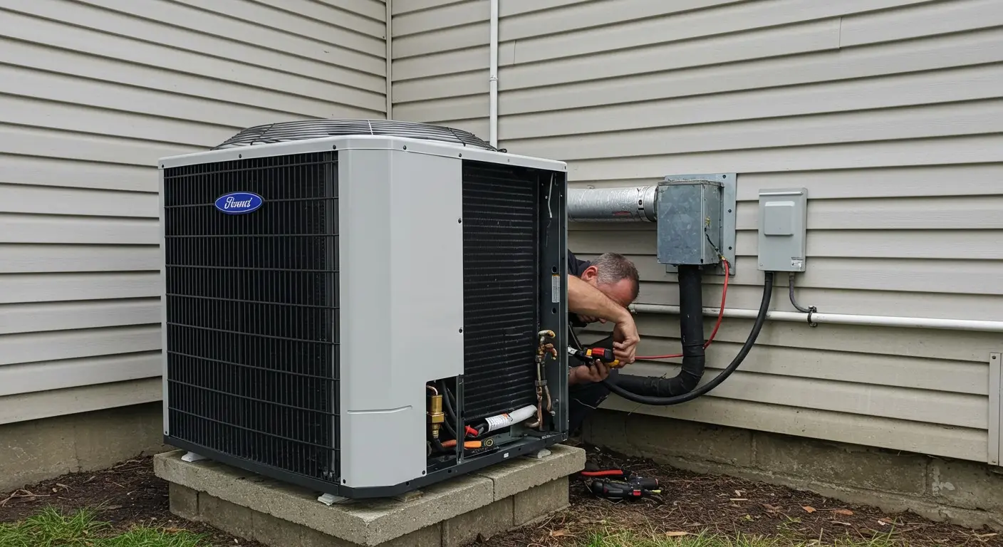 Servicing outdoor HVAC condenser unit wiring.