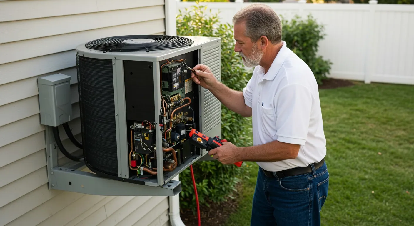 Senior technician servicing open outdoor ac unit.
