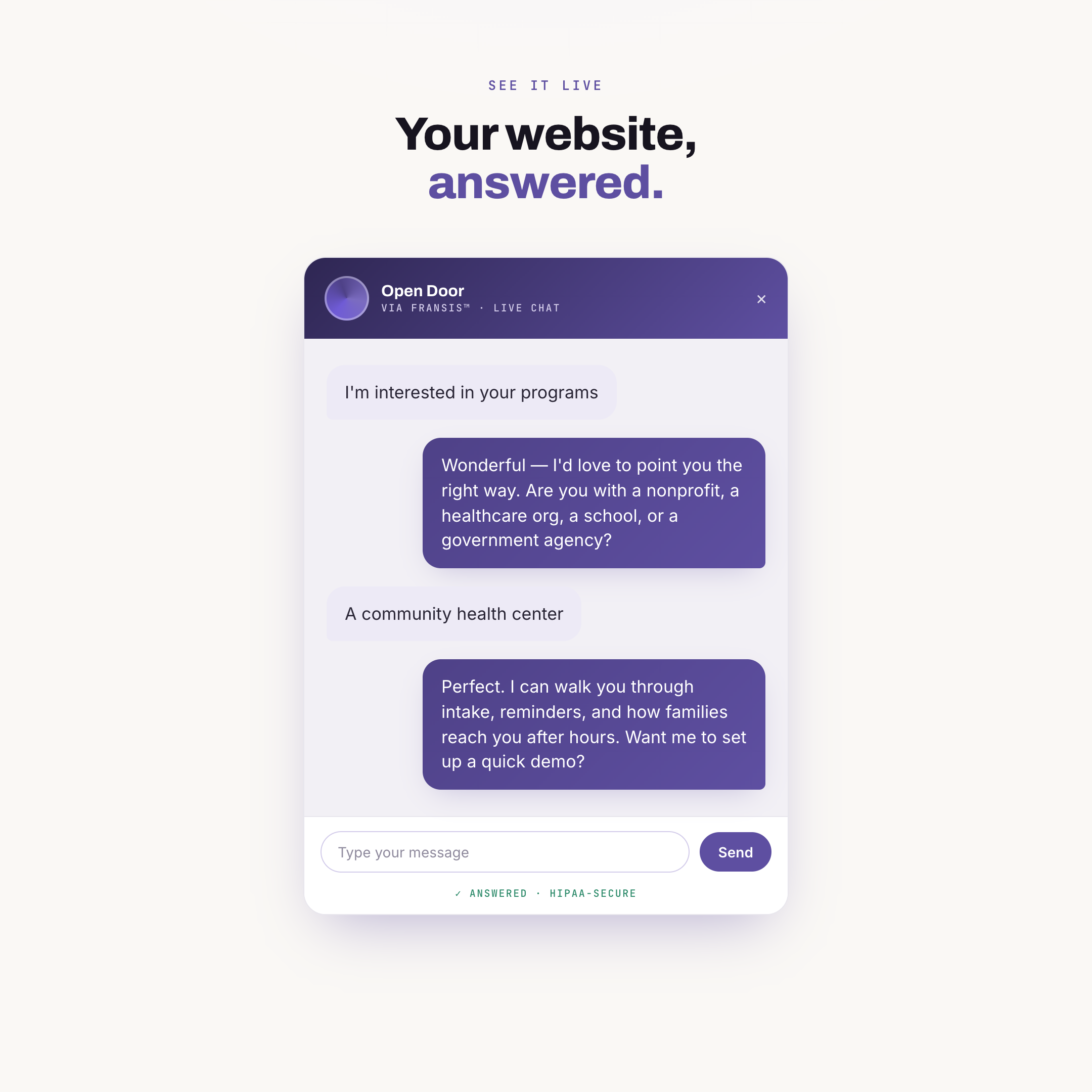 Open Door live chat, a visitor asks about programs and gets answered instantly, in your organization's voice