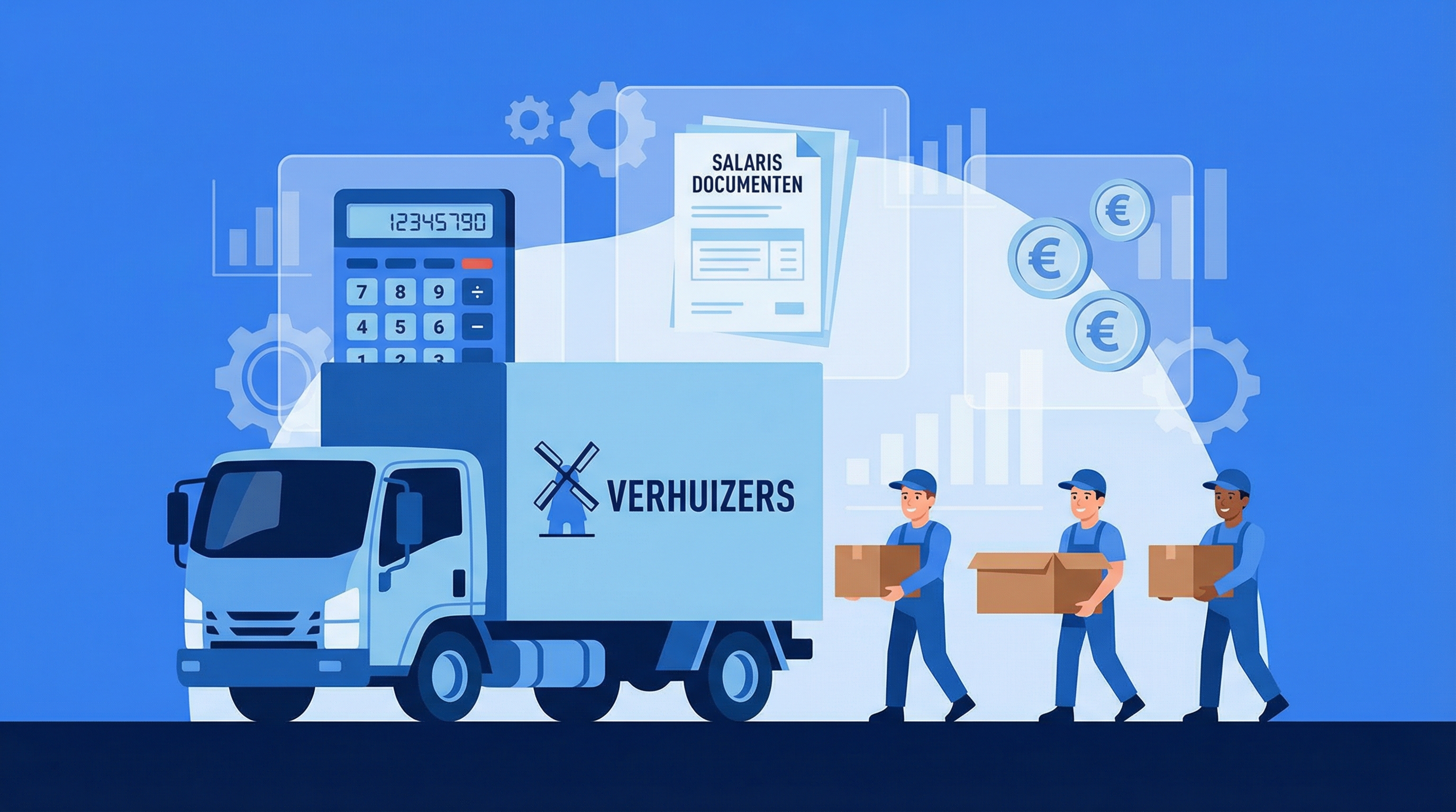Verhuizers met dozen naast verhuiswagen, met op de achtergrond een rekenmachine en salarisdocumenten - illustratie over personeelskosten in de verhuisbranche