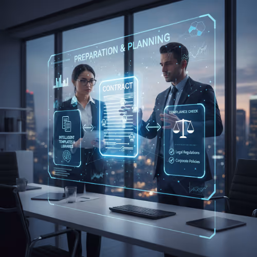 Preparation & Planning
AI agents compile tender documents and draft contracts from intelligent templates and pre-approved libraries, using data from previous processes. The system automatically checks for legal and corporate compliance requirements.
