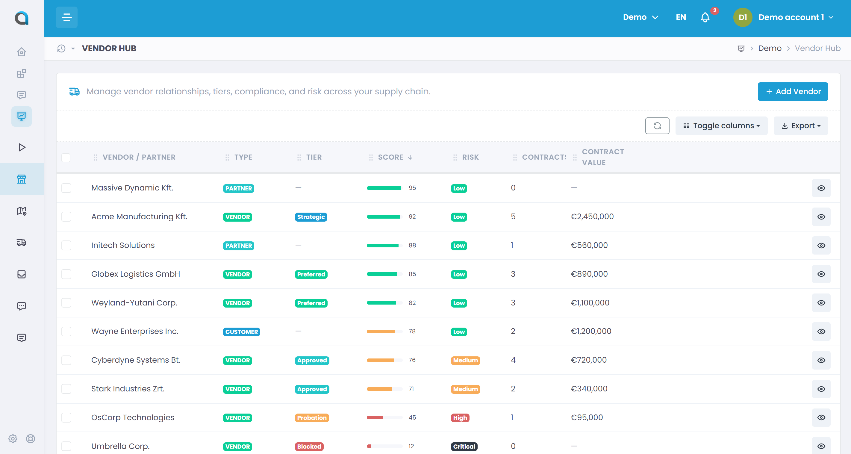 Filterable vendor list view in Fluenta One