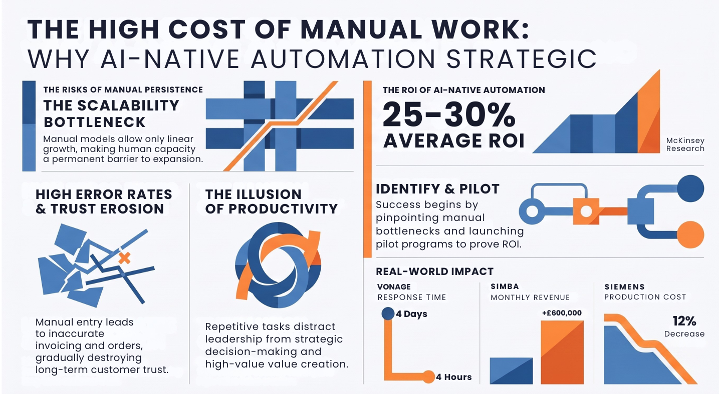 Infographic on the cost of manual work versus AI-native automation. The left lists three risks of manual persistence: the scalability bottleneck, high error rates and trust erosion, and the illusion of productivity. The right shows a 25–30% average ROI (McKinsey Research), an identify-and-pilot approach, and real-world impact: Vonage response time from 4 days to 4 hours, Simba monthly revenue up £600,000, and Siemens production cost down 12%. Blue and orange color scheme.