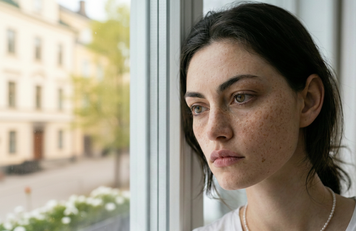 Anna sitter vid köksbordet och tittar oroligt på sin bankapp