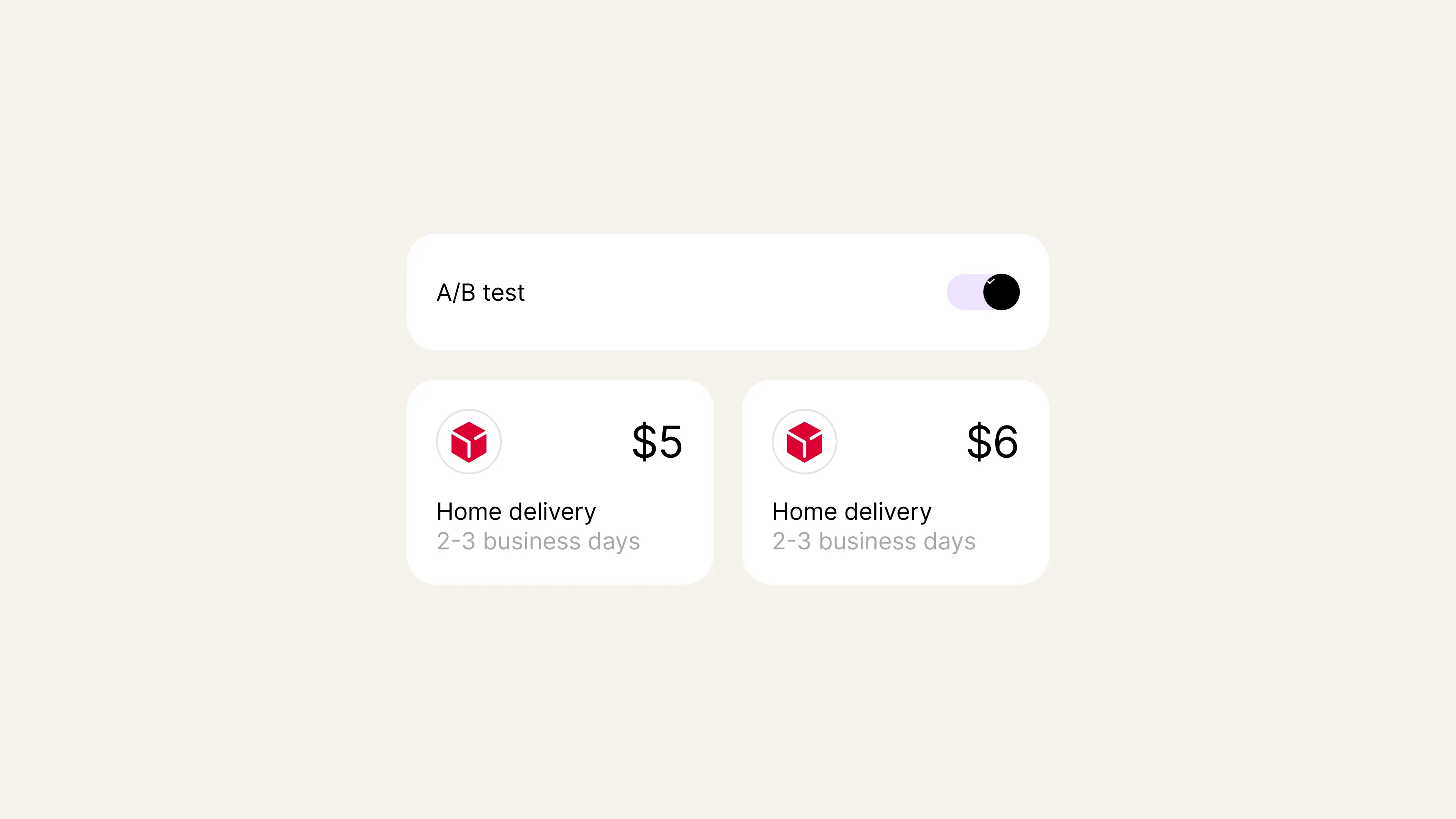 A/B test comparing two home delivery options: $5 vs $6, both offering 2-3 business day delivery with shipping carrier icons.