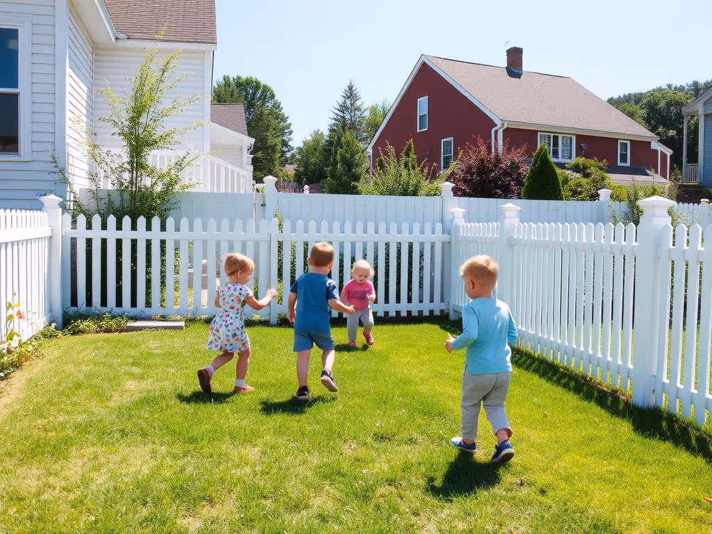 Four toddlers playing and running on a green lawn surrounded by white picket fences in a backyard.