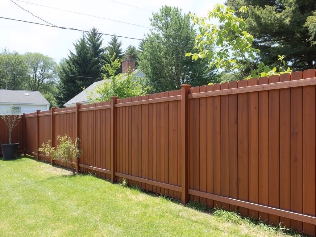 Tall wooden fence enclosing a green backyard with trees and shrubs under a clear sky.
