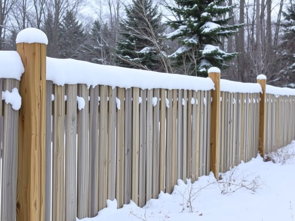 Wooden fence topped with snow extending beside snow-covered ground and trees in winter.