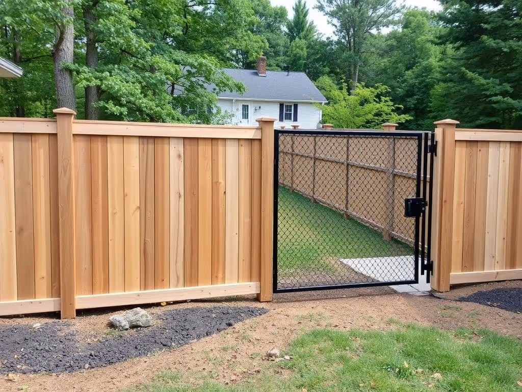 Wooden privacy fence with a black metal chain-link gate opening to a grassy backyard.