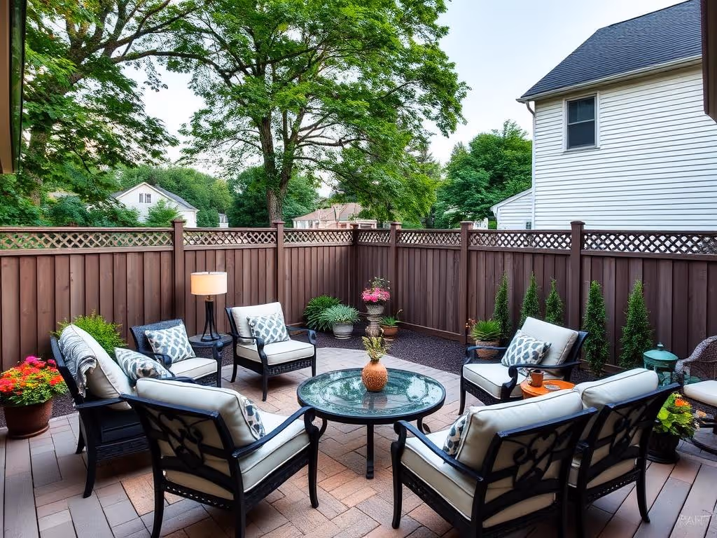 Cozy backyard patio with cushioned chairs, a glass table, potted plants, and a wooden fence.