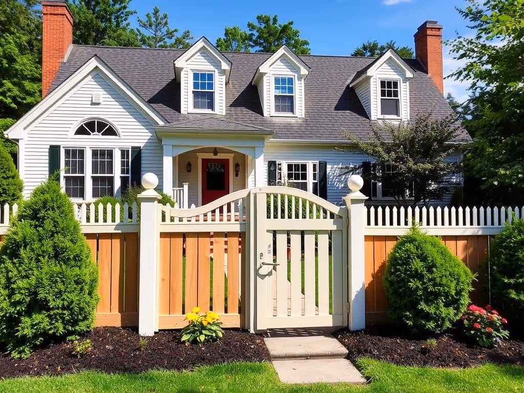 White house with gray roof, brick chimneys, and white picket fence with gate in front yard.