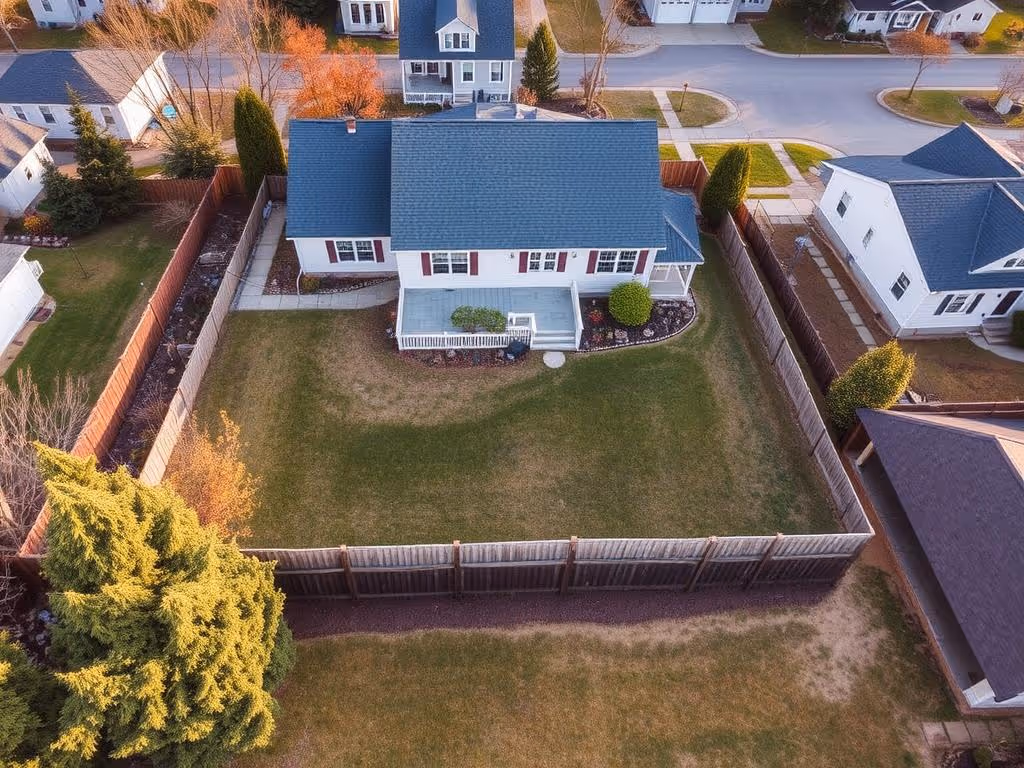 Aerial view of a fenced backyard with a house, lawn, deck, and surrounding neighborhood homes.