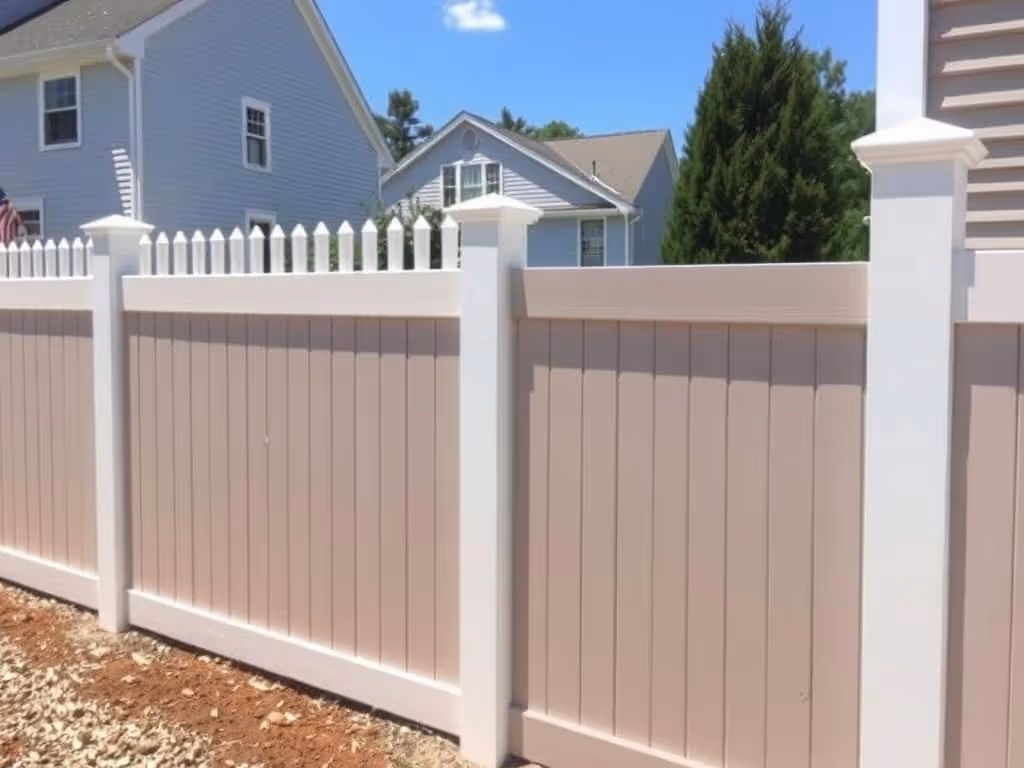 Plastic vinyl fence with beige panels and white posts surrounding a suburban backyard.