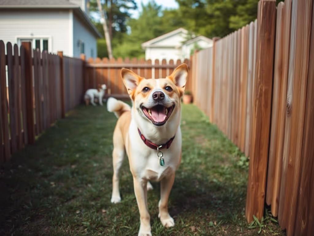 Happy tan and white dog with a collar standing on grass in a fenced backyard.