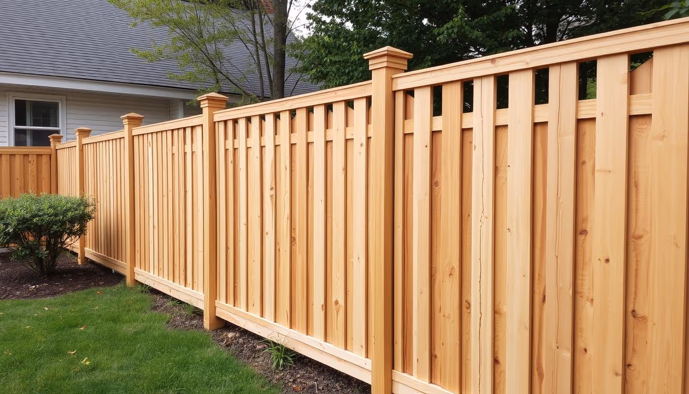 Tall wooden fence with vertical slats enclosing a backyard with a small bush and green grass.