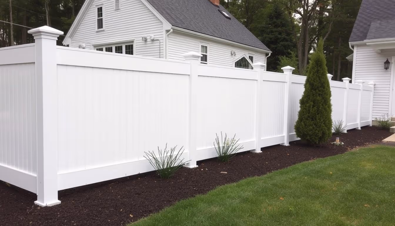 White vinyl privacy fence lined with small green plants and a conical evergreen bush by a suburban home.
