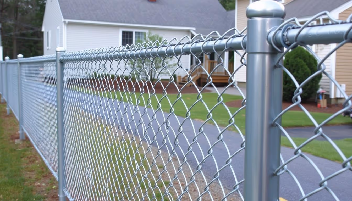 Silver chain-link fence along a residential driveway with houses and green lawns in the background.
