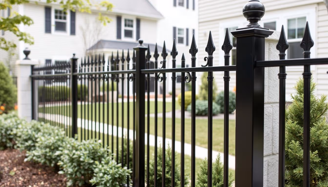 Black iron fence with pointed tops around a green lawn in front of white houses.
