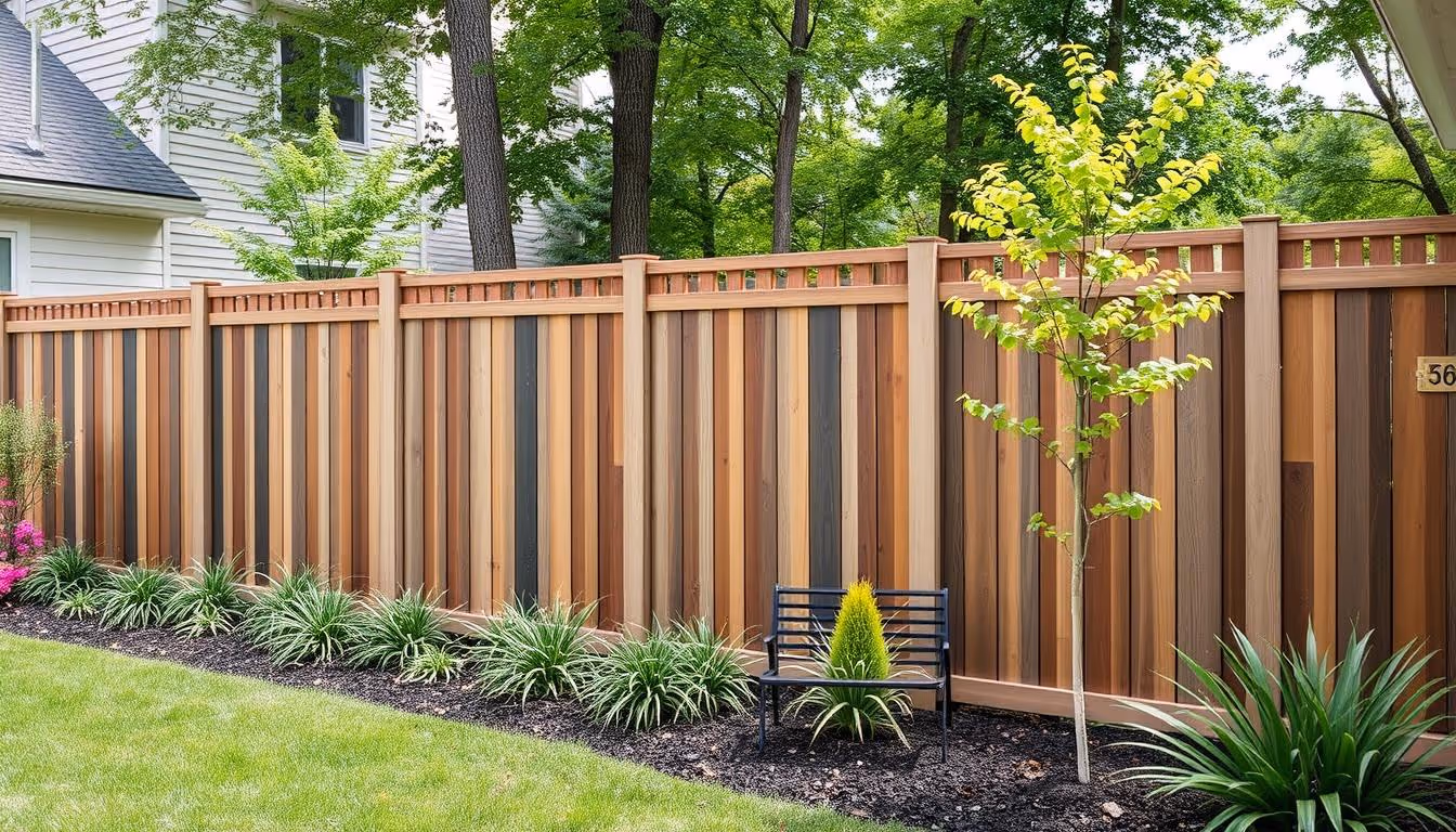 Backyard with a tall wooden fence, green lawn, shrubs, a small tree, and a black metal bench.