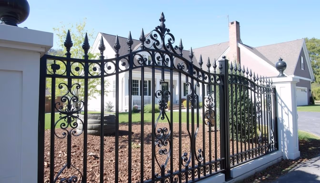 Black wrought iron gate with decorative scrollwork in front of a white house with porch and chimney.
