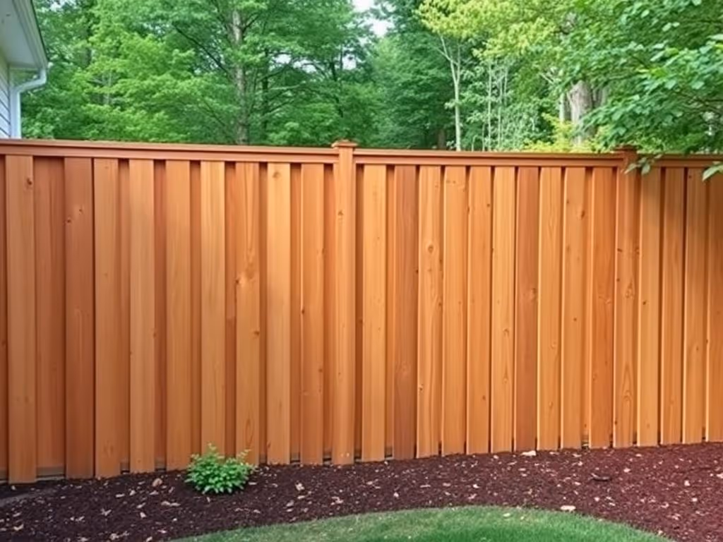 Tall wooden fence with vertical planks enclosing a green backyard with trees behind it.