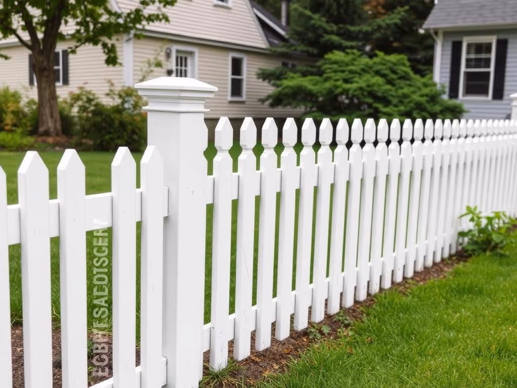 White wooden picket fence bordering a green grassy yard with houses in the background.
