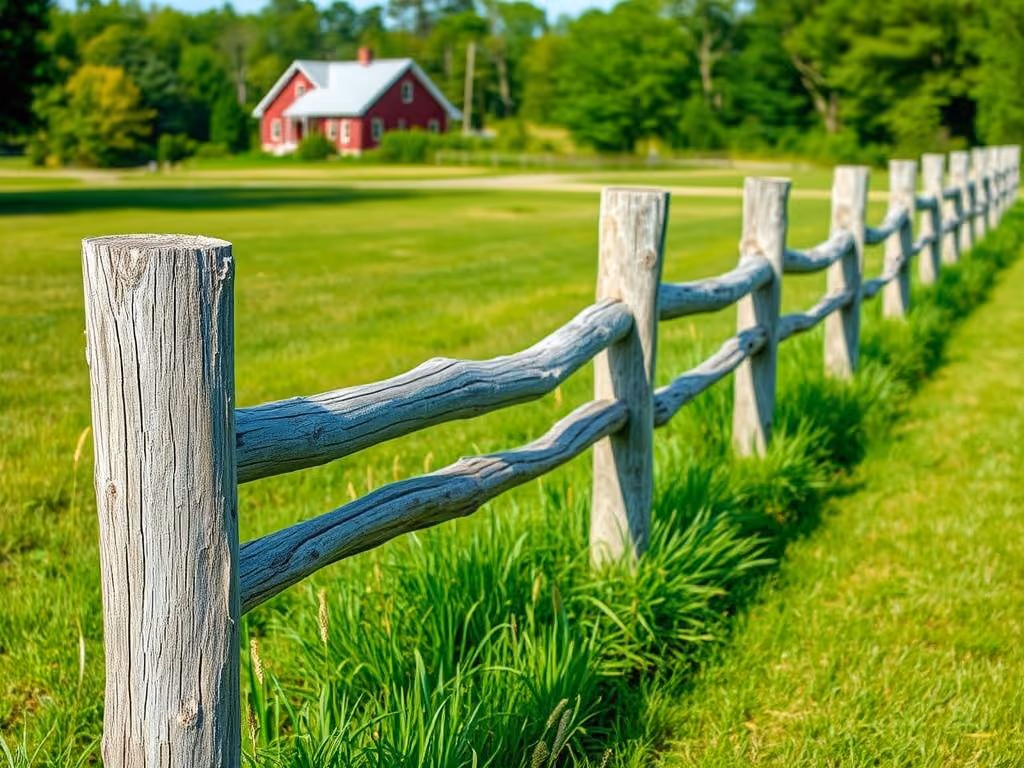 Rustic wooden fence running through lush green grass with a red house and trees in the background.