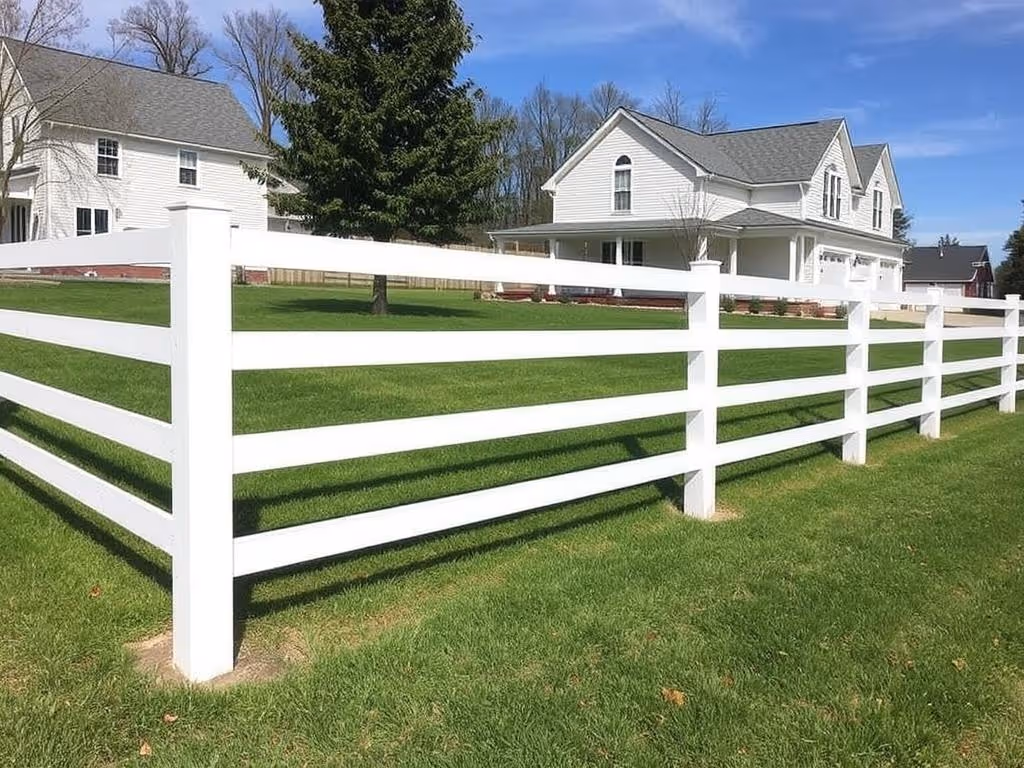 White wooden fence surrounding a green lawn with two white houses and a tree in the background.