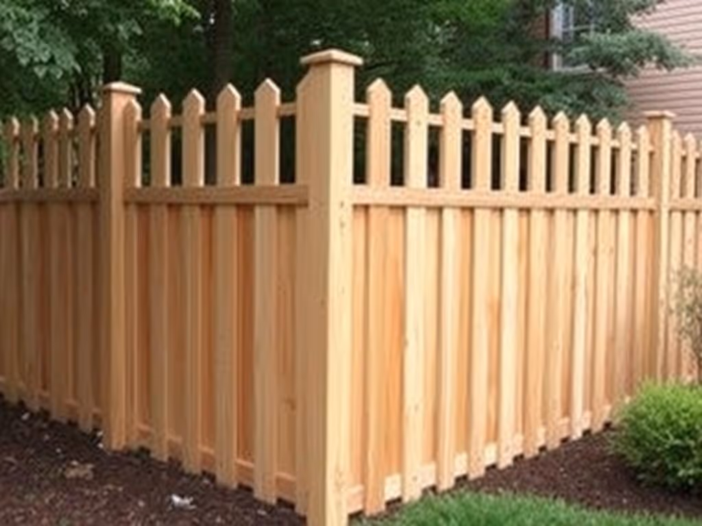 Wooden picket fence corner in a backyard with green bushes and trees around.