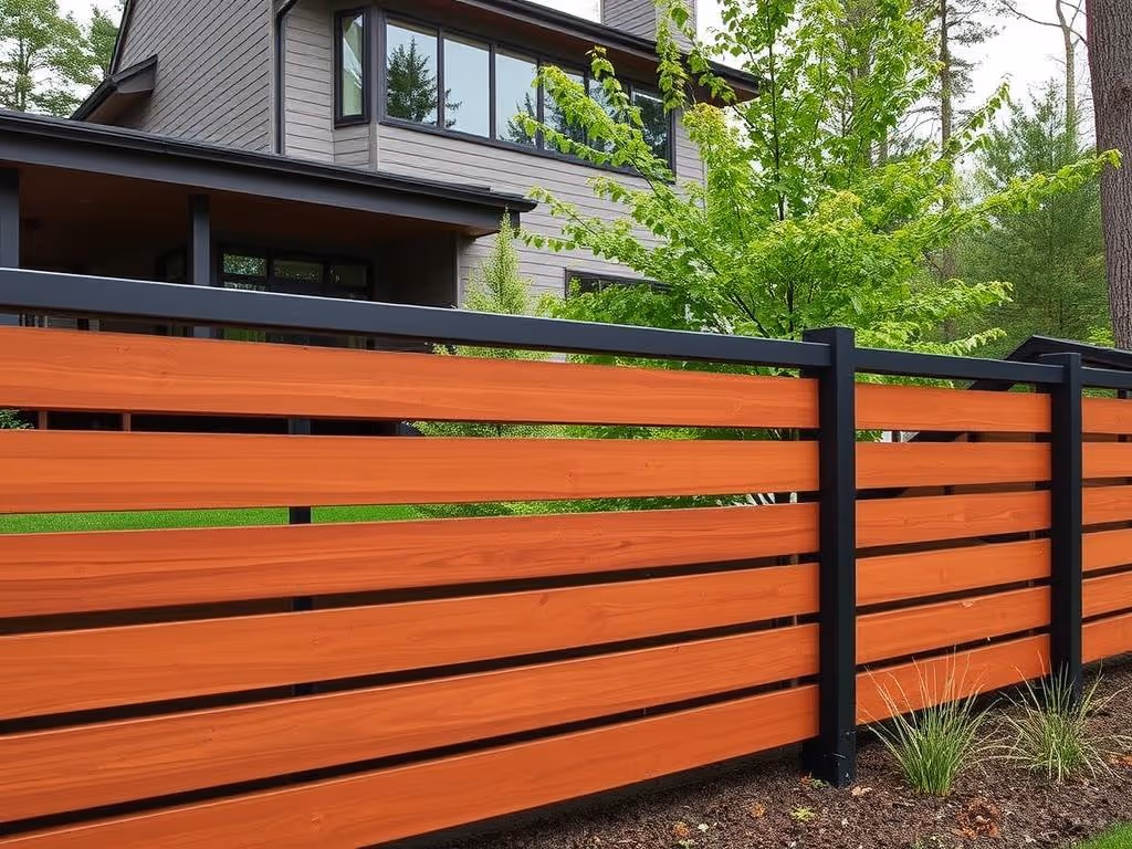 Modern backyard fence with horizontal wooden slats and black metal framing near a two-story house.
