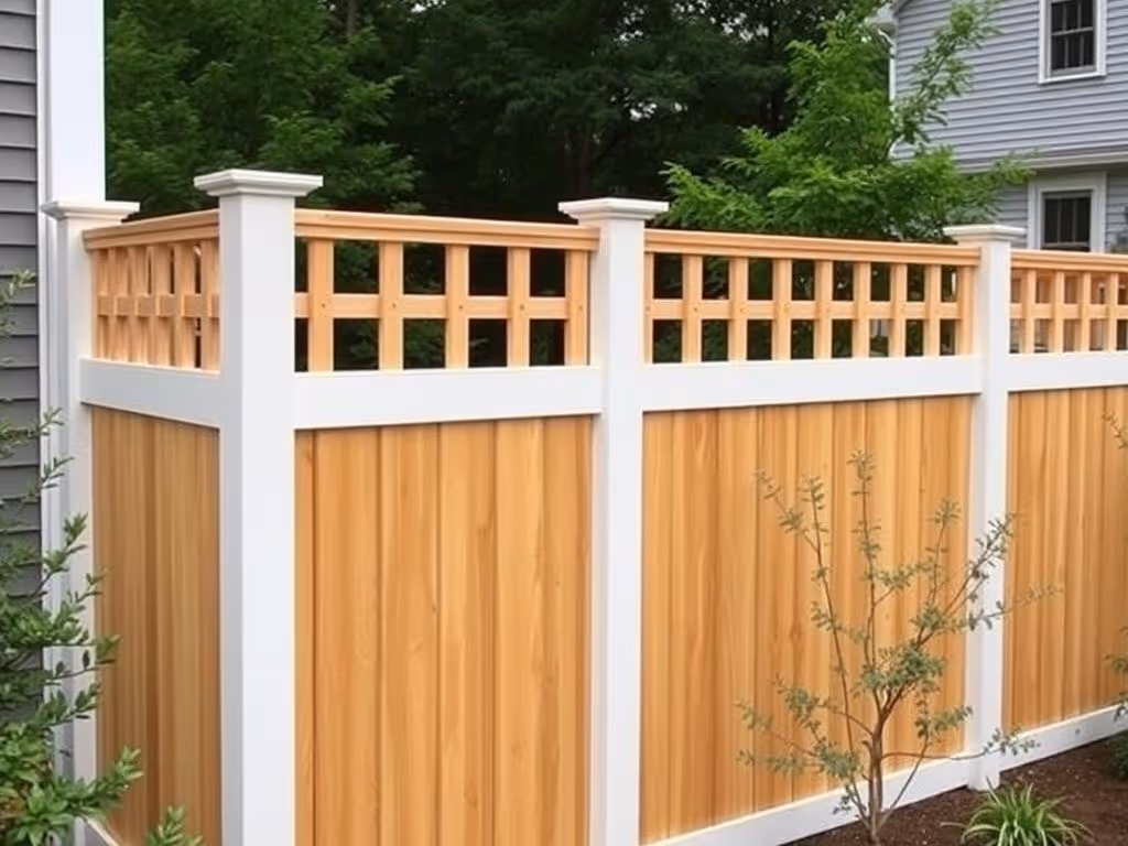 Wooden fence panels with white posts and lattice tops in a backyard garden area.
