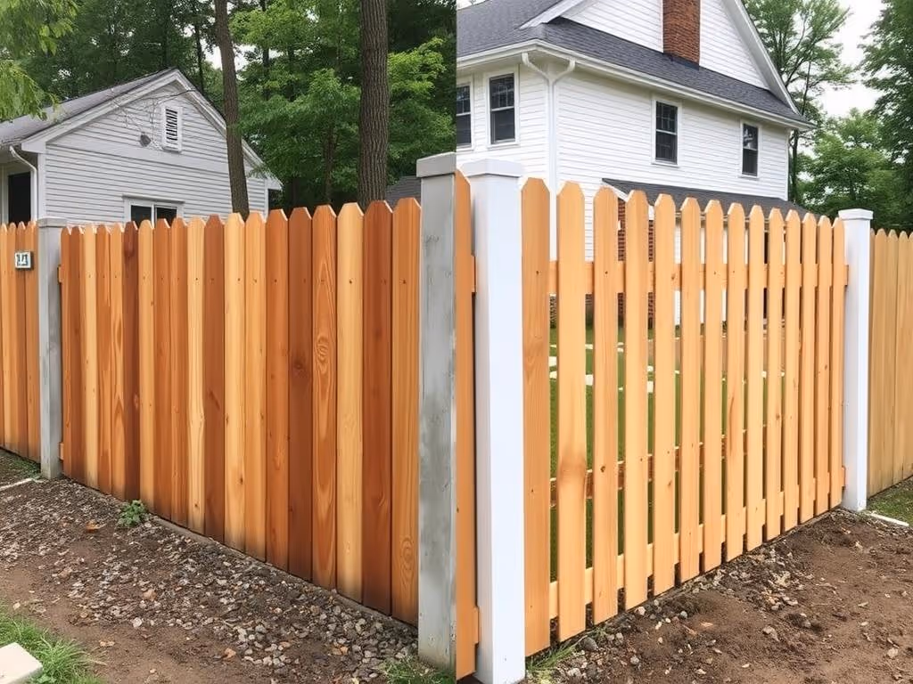 Newly installed wooden privacy fence surrounding a house with trees and grass visible inside.