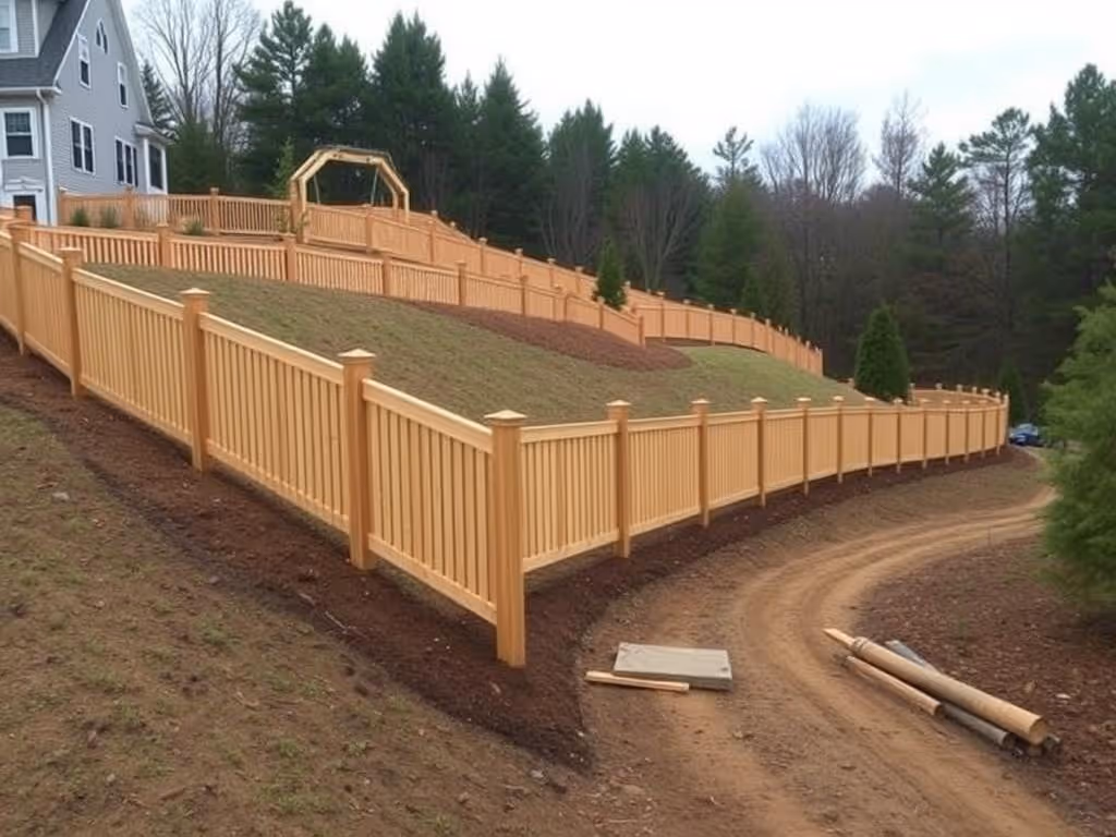 Light brown wooden fence surrounds sloped yard with a house and trees in background.