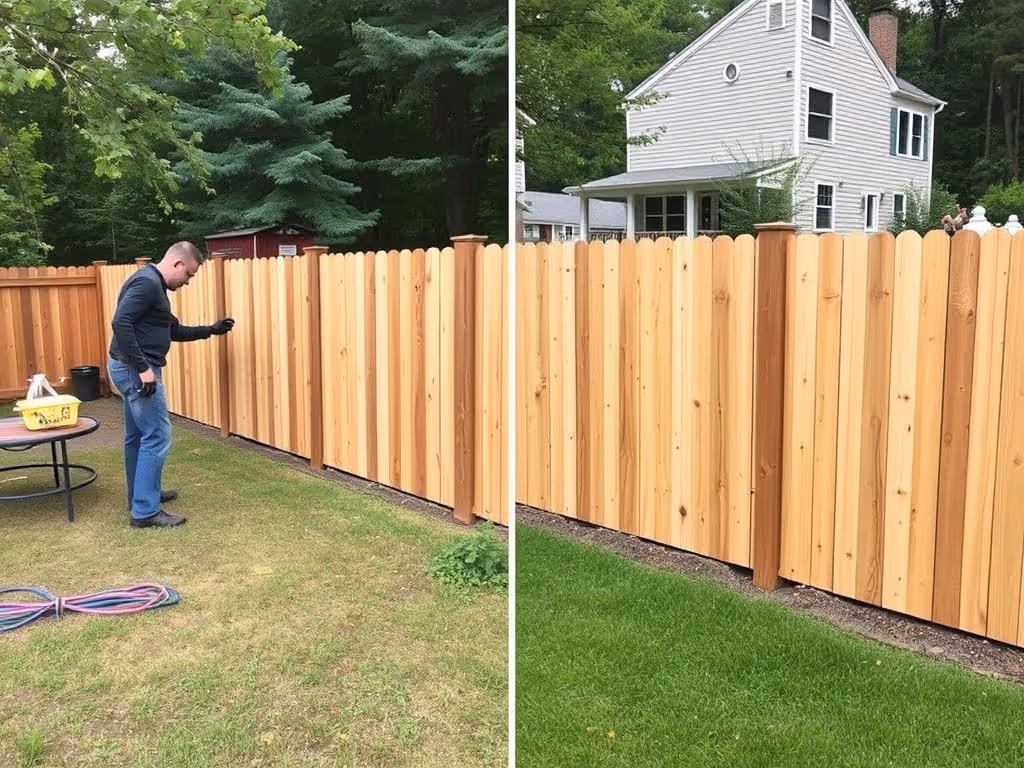 Man inspecting a newly installed wooden privacy fence in a green backyard near a white house.