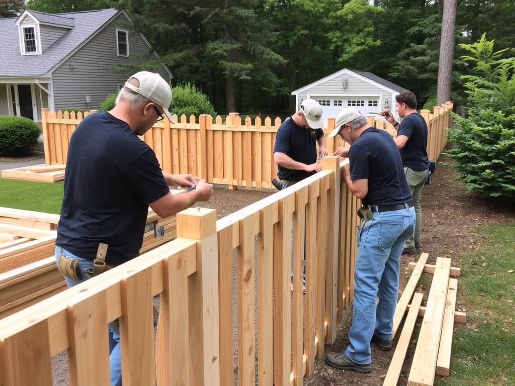 Four men working together building a wooden fence in a yard with trees and houses.