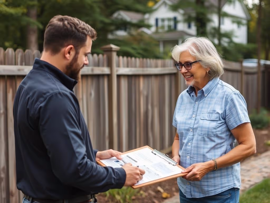Elderly woman signing a document on a clipboard held by a man in a backyard.