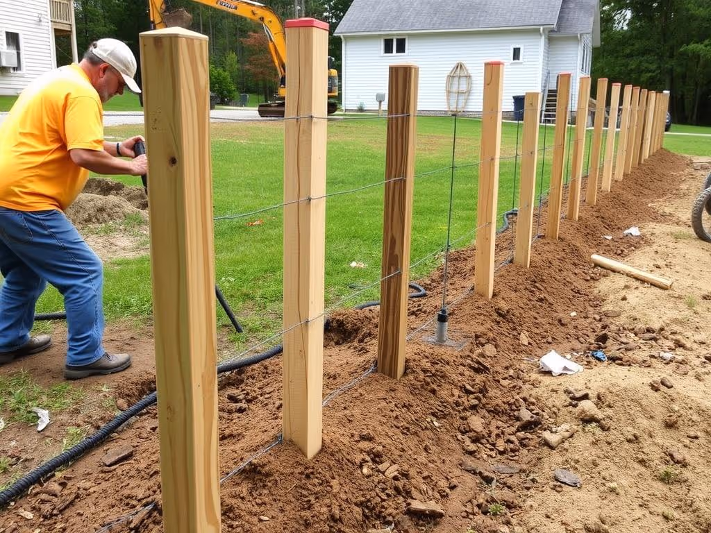 Man in orange shirt installing wooden posts and wire fencing in a yard near a house.