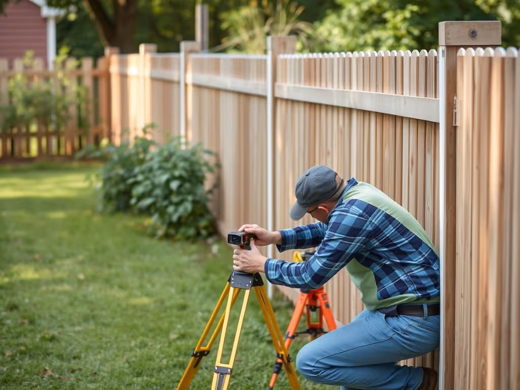 Man in a cap adjusting surveying equipment on tripod near a wooden fence in a backyard.