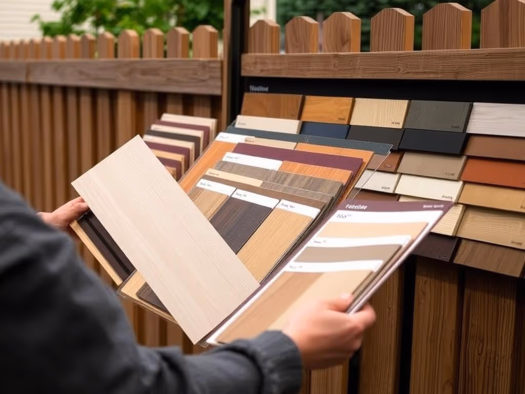 Person holding wood stain and finish sample boards in front of a wooden fence and display rack.