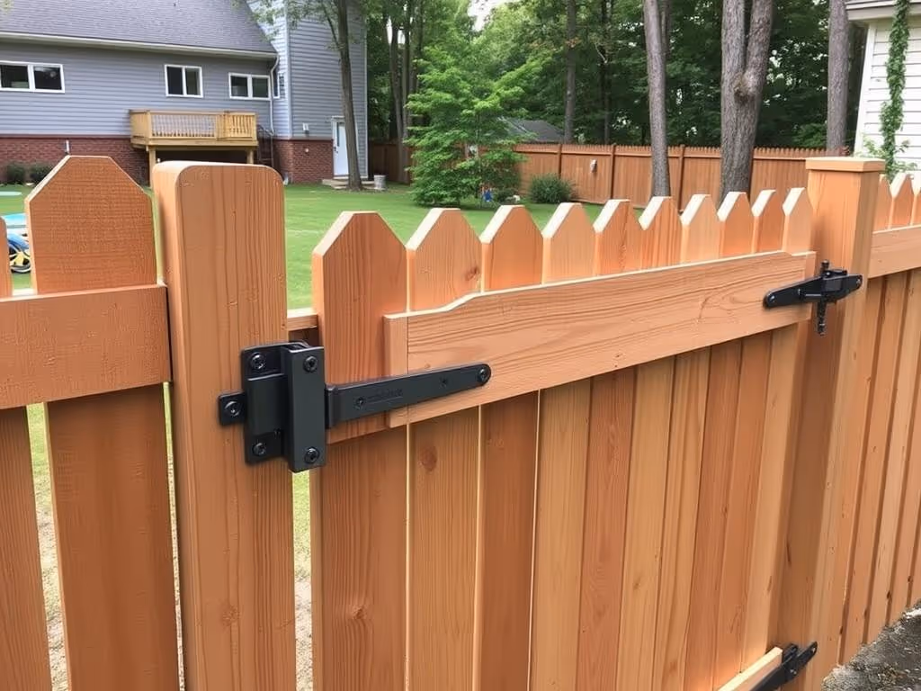 Close-up of a wooden backyard fence gate with black metal hinges and latch under daylight.