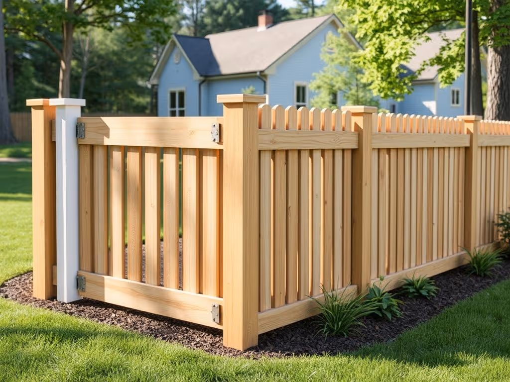 Wooden backyard fence with gate surrounded by green lawn and mulch beds with small plants.