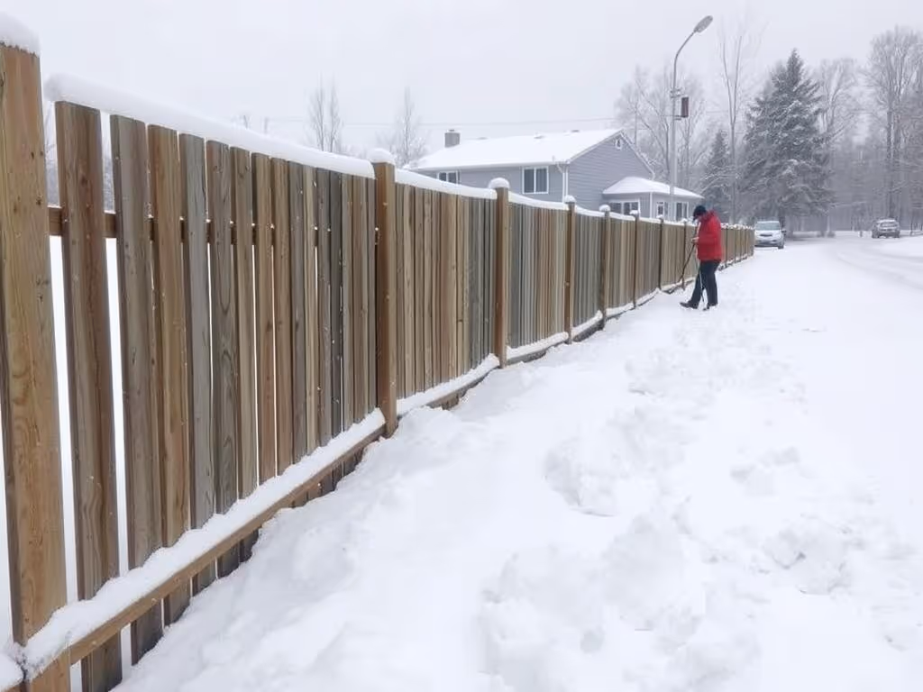 Person in red jacket shoveling snow next to a long wooden fence in a snowy neighborhood.