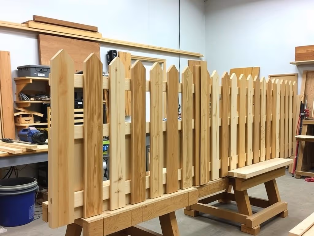 A wooden picket fence prototype set on sawhorses inside a workshop with tools and wood panels.