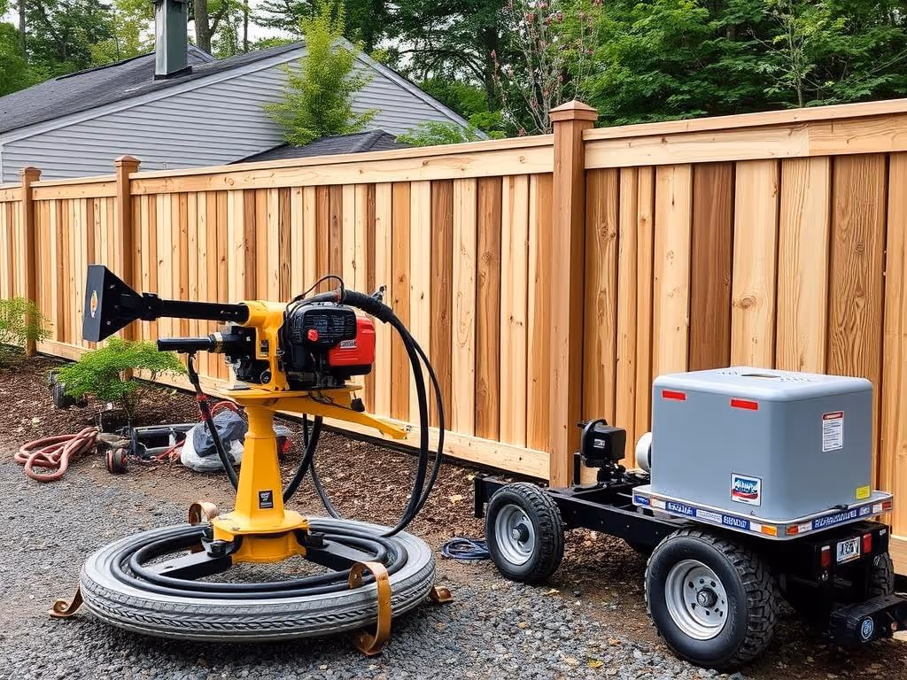 Yellow concrete power trowel and wheeled generator on gravel near wooden fence in backyard.