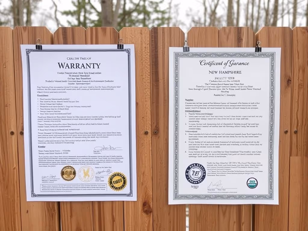 Two official certificates with seals clipped to a wooden fence under daylight outdoors.