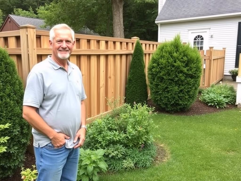 Man in a gray shirt standing in a green garden with bushes and a wooden fence behind him.