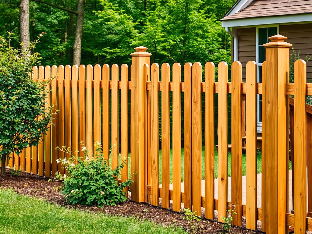 Wooden picket fence along a green lawn with bushes and a house in the background.
