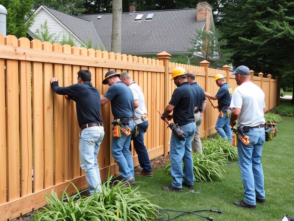 Seven workers measuring and installing a wooden fence in a green backyard near a house.